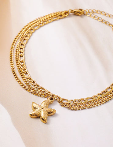 18K Gold Plated Stainless Steel Tarnish-Free Waterproof Multilayer Starfish Charm Anklet
