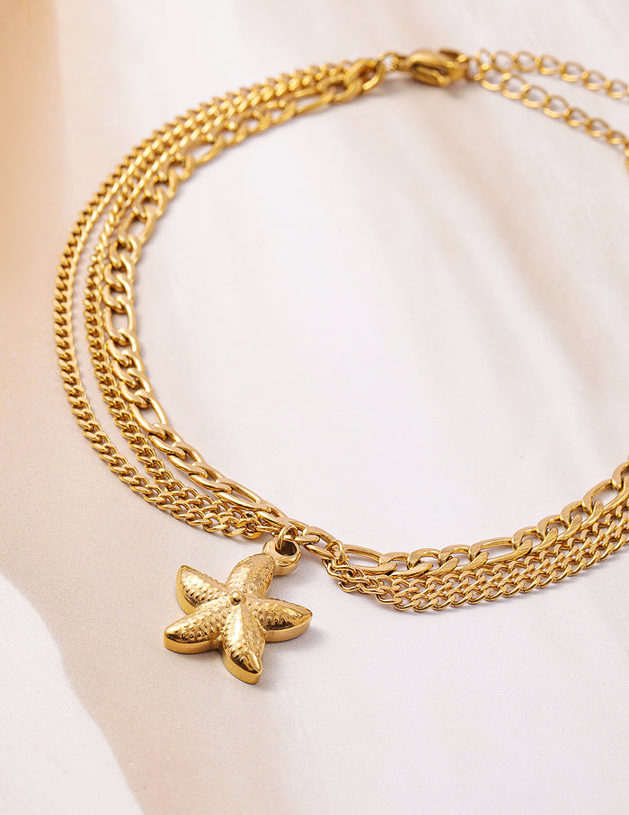 18K Gold Plated Stainless Steel Tarnish-Free Waterproof Multilayer Starfish Charm Anklet - Gold