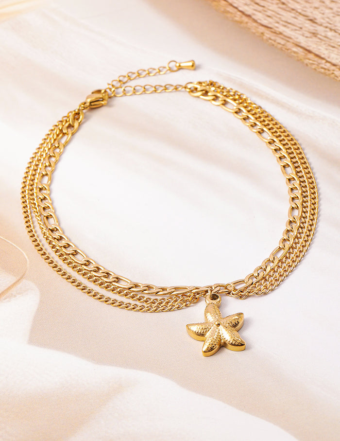 18K Gold Plated Stainless Steel Tarnish-Free Waterproof Multilayer Starfish Charm Anklet - Gold