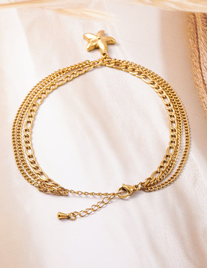 18K Gold Plated Stainless Steel Tarnish-Free Waterproof Multilayer Starfish Charm Anklet - Gold
