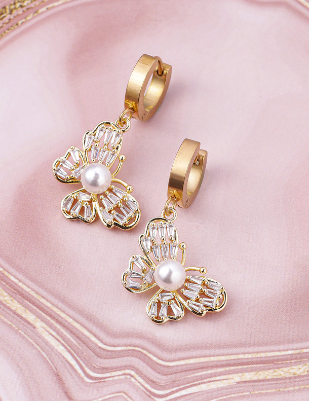Gold Butterfly Motif Crystal Pearl Drop Earrings