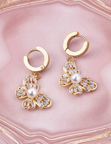 Gold Butterfly Motif Crystal Pearl Drop Earrings