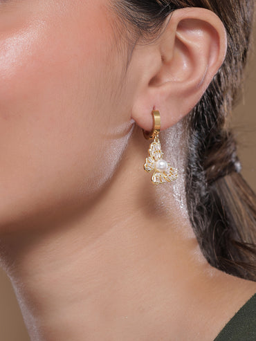 Gold Butterfly Motif Crystal Pearl Drop Earrings