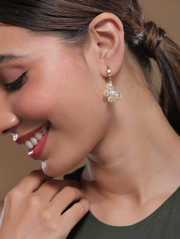 Gold Butterfly Motif Crystal Pearl Drop Earrings