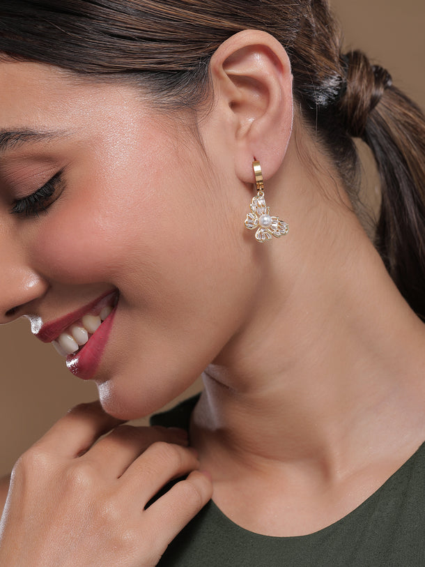 Gold Butterfly Motif Crystal Pearl Drop Earrings