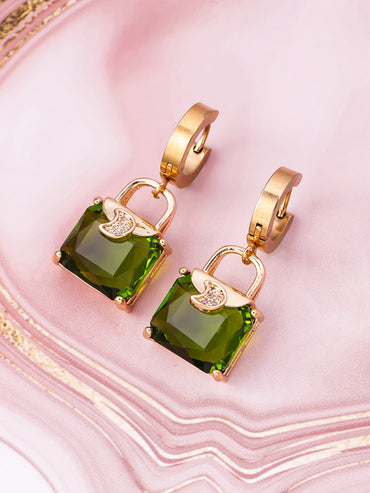 Green Studded Gold Drop Earrings