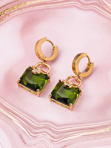 Green Studded Gold Drop Earrings