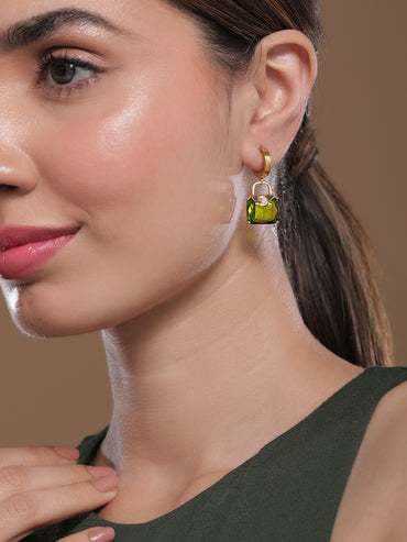 Green Studded Gold Drop Earrings