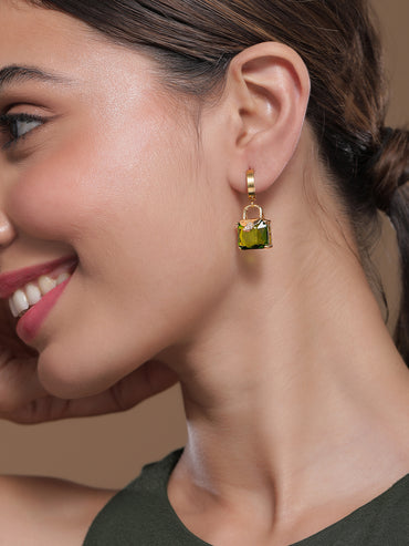 Green Studded Gold Drop Earrings