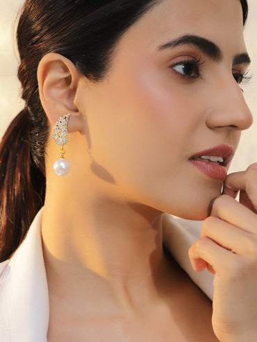 Wing shaped Pearl & Crystal Drop Earrings