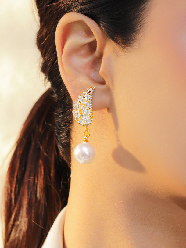 Wing shaped Pearl & Crystal Drop Earrings