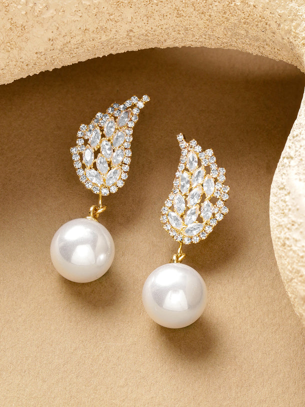 Wing shaped Pearl & Crystal Drop Earrings