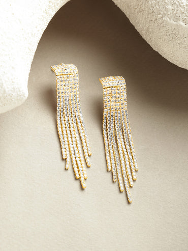 Crystal Studded Gold Toned Tassel Dangler Earrings