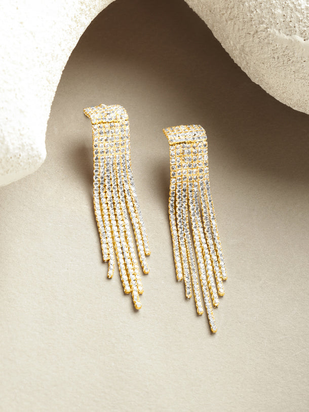 Crystal Studded Gold Toned Tassel Dangler Earrings
