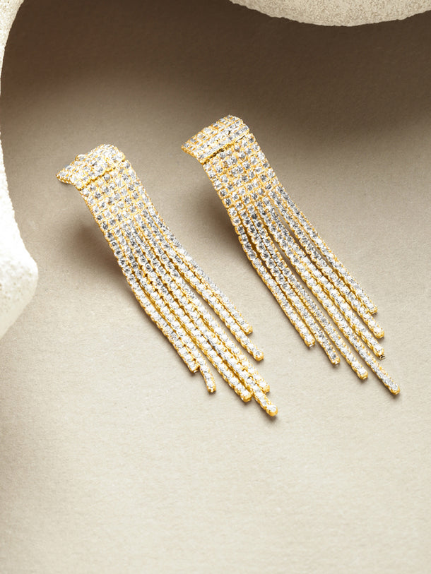 Crystal Studded Gold Toned Tassel Dangler Earrings