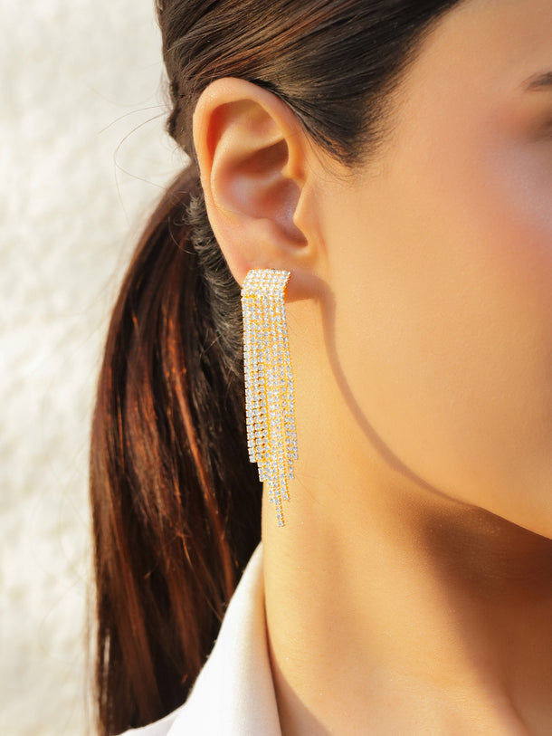 Crystal Studded Gold Toned Tassel Dangler Earrings