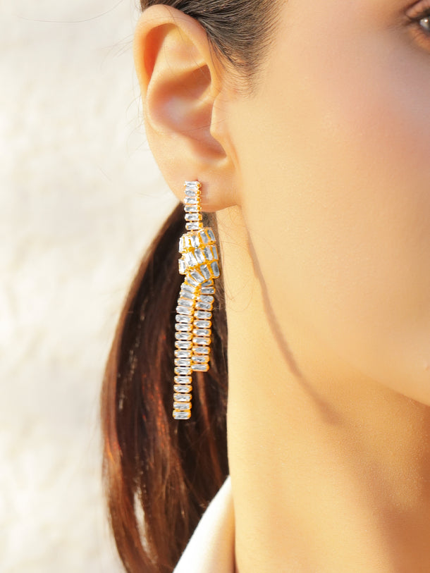 White Crystal Studded Gold Knot Dangler Earrings