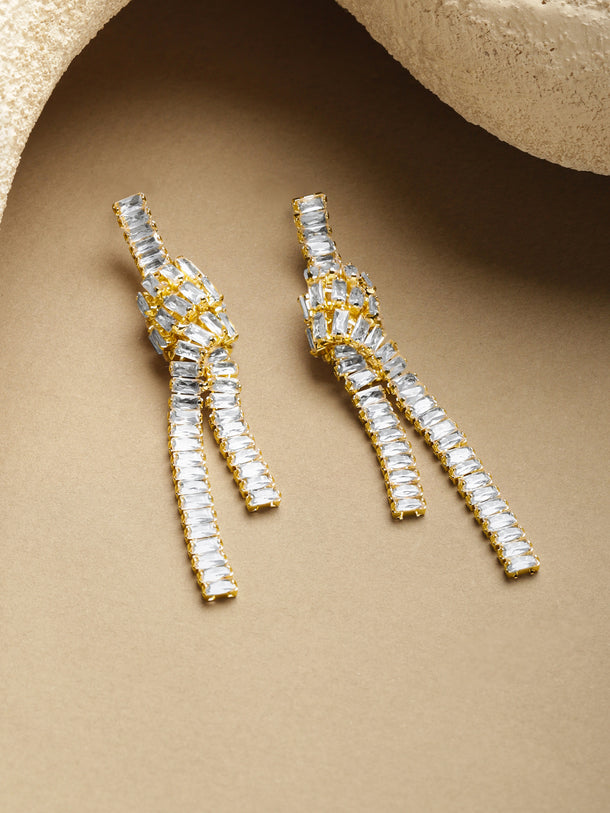 White Crystal Studded Gold Knot Dangler Earrings