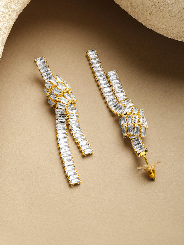 White Crystal Studded Gold Knot Dangler Earrings