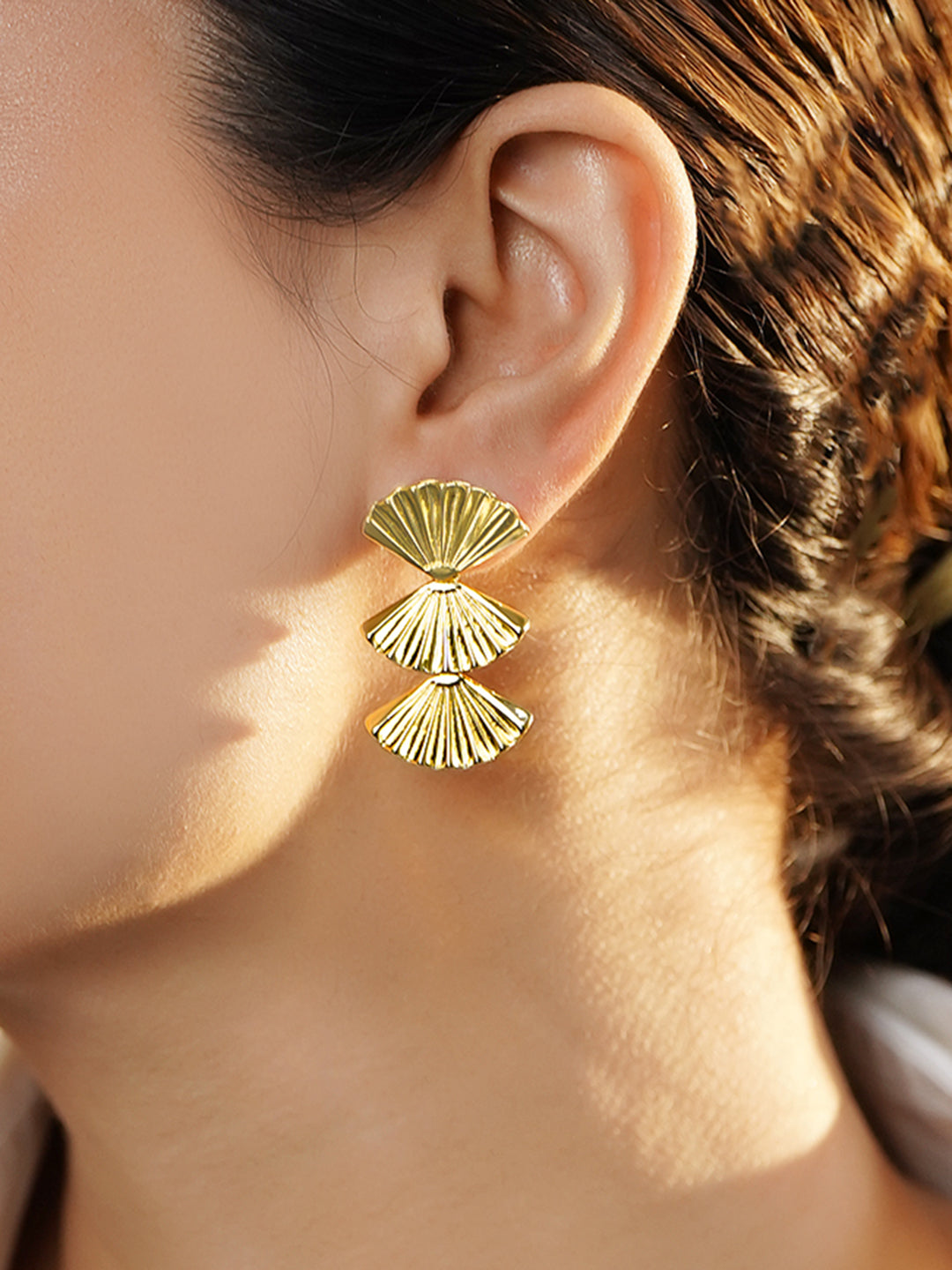 Rubans Voguish 18K Gold-Plated Brass Triple Fan-Motif Textured Bold Drop Earrings