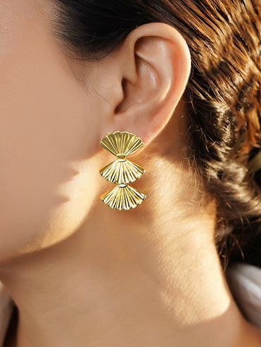 Rubans Voguish 18K Gold-Plated Brass Triple Fan-Motif Textured Bold Drop Earrings