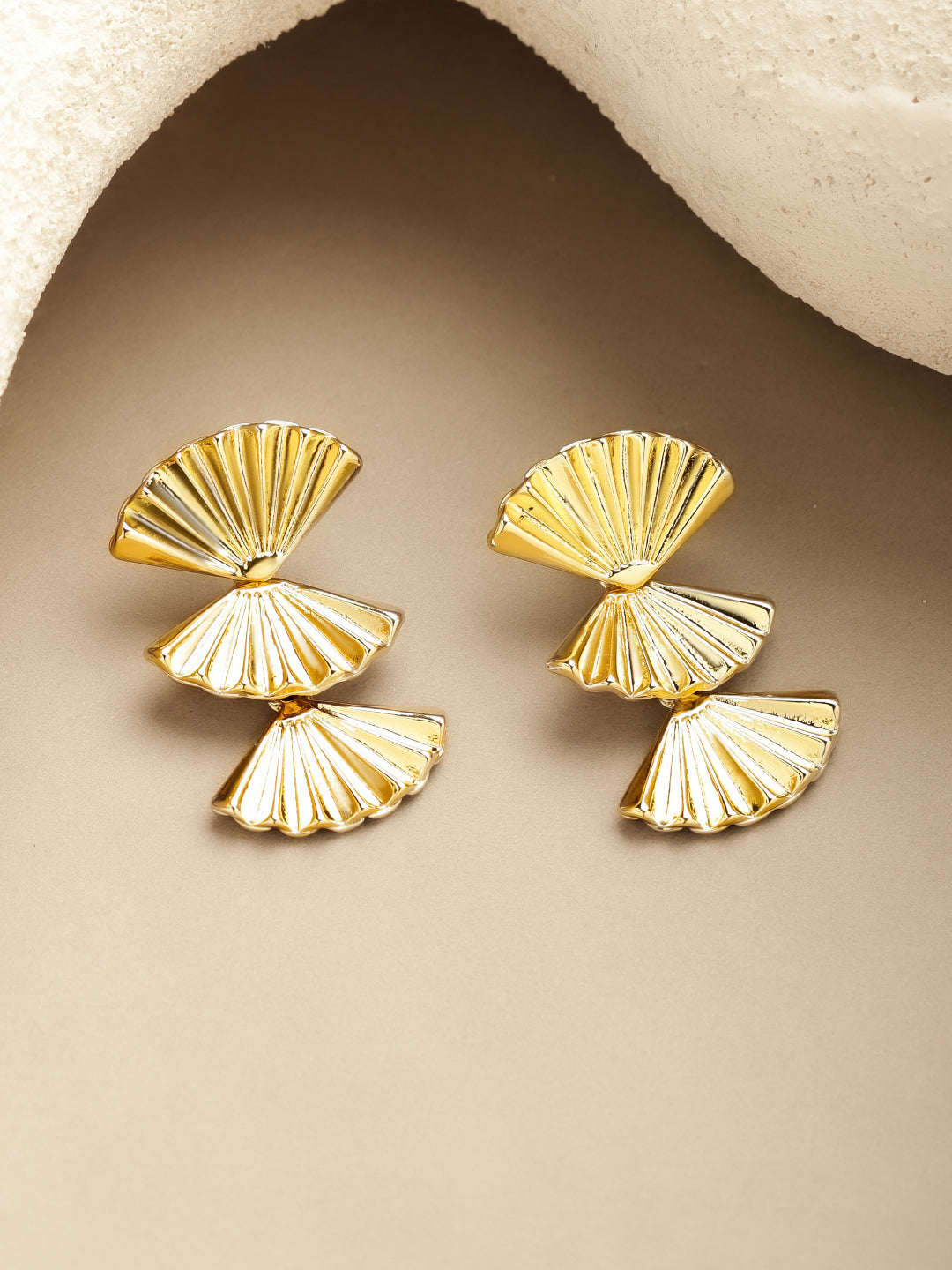 Rubans Voguish 18K Gold-Plated Brass Triple Fan-Motif Textured Bold Drop Earrings