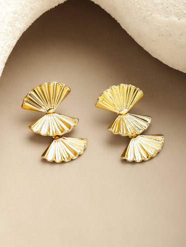 Rubans Voguish 18K Gold-Plated Brass Triple Fan-Motif Textured Bold Drop Earrings