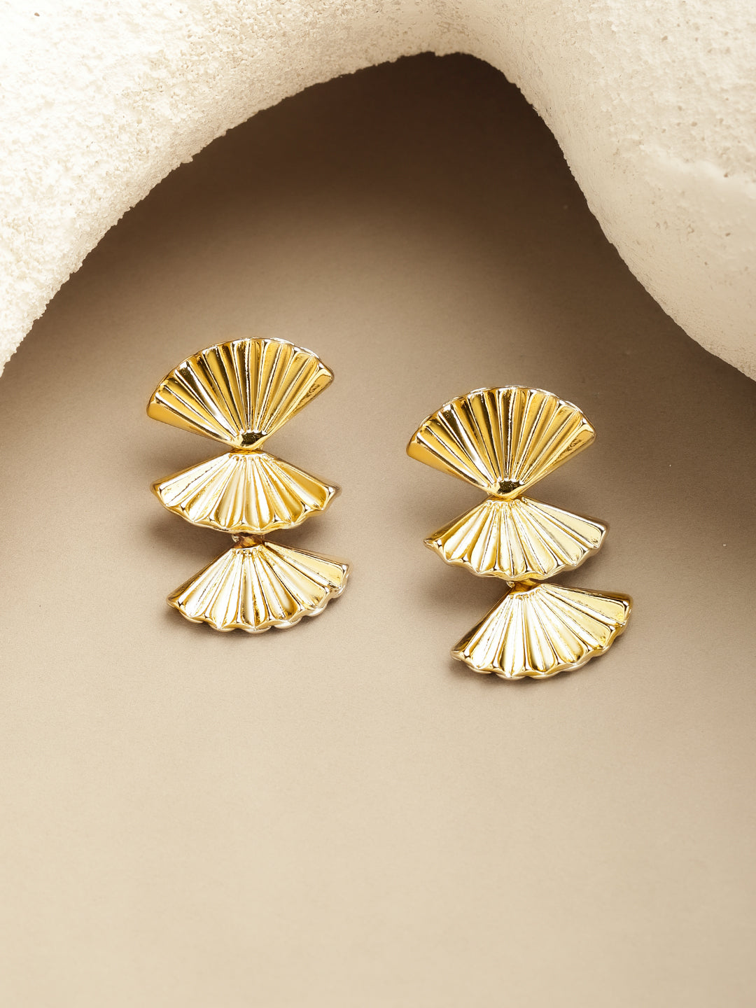 Rubans Voguish 18K Gold-Plated Brass Triple Fan-Motif Textured Bold Drop Earrings