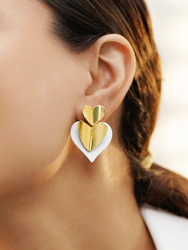 Rubans Voguish 18K Gold & Rhodium-Plated Brass Dual-Tone Stacked Heart Drop Earrings