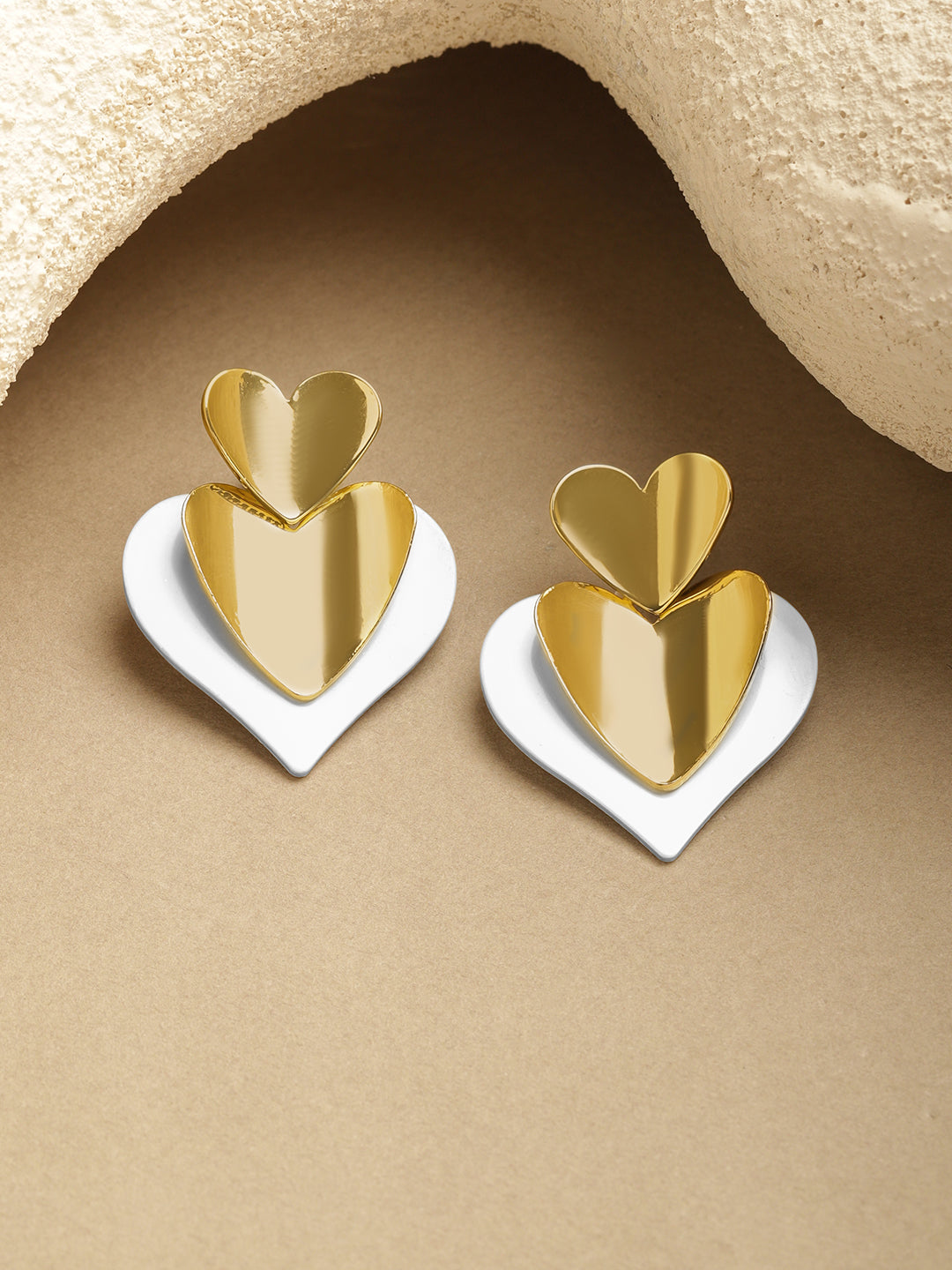 Rubans Voguish 18K Gold & Rhodium-Plated Brass Dual-Tone Stacked Heart Drop Earrings