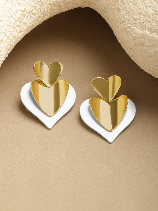 Heart Motif Gold & White Stud Earrings