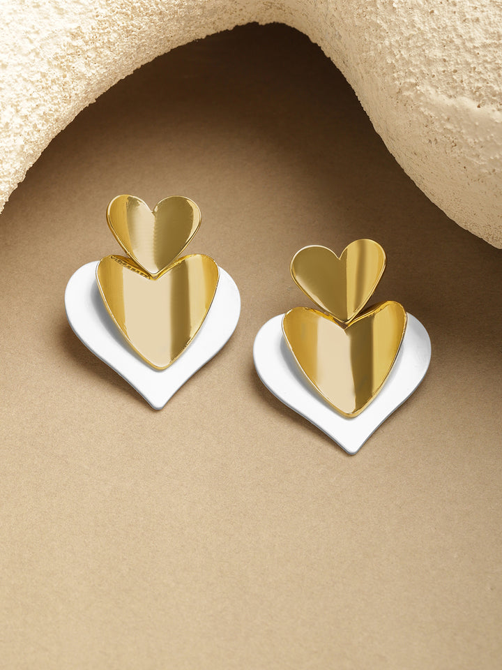 Rubans Voguish 18K Gold & Rhodium-Plated Brass Dual-Tone Stacked Heart Drop Earrings