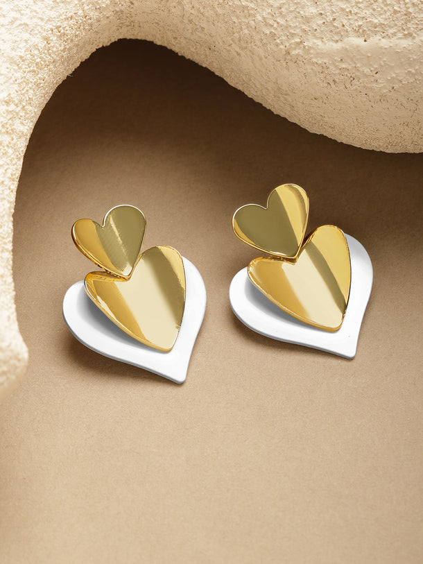 Heart Motif Gold & White Stud Earrings