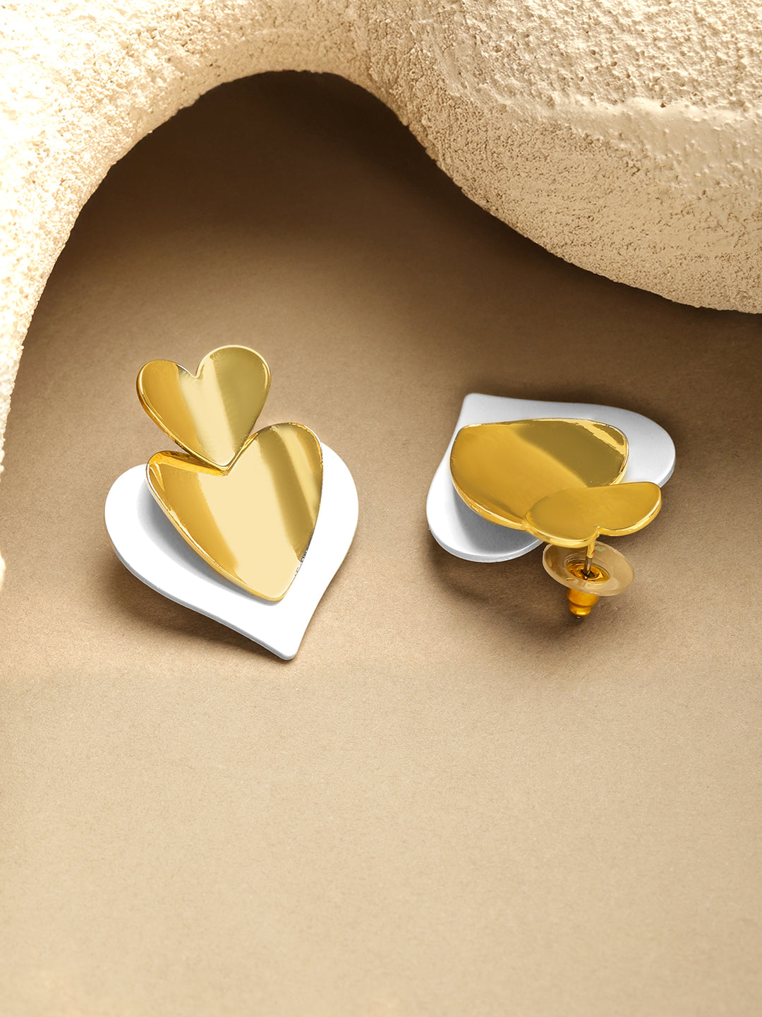 Rubans Voguish 18K Gold & Rhodium-Plated Brass Dual-Tone Stacked Heart Drop Earrings