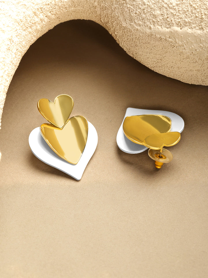 Rubans Voguish 18K Gold & Rhodium-Plated Brass Dual-Tone Stacked Heart Drop Earrings
