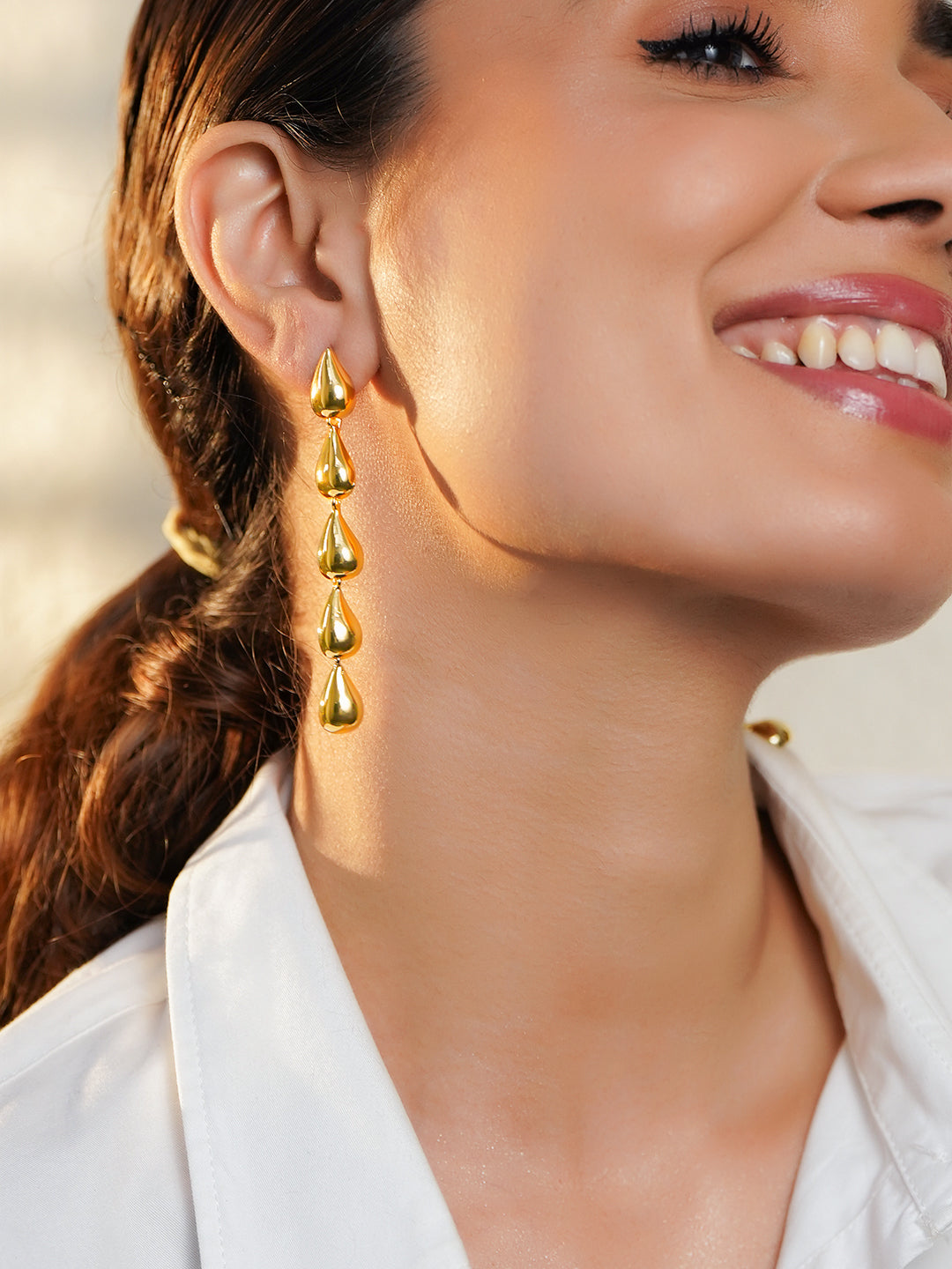 Rubans Voguish 18K Gold-Plated Brass Sculptural Molten Drop Long Statement Earrings