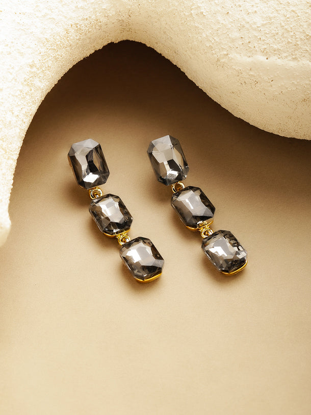Gold Toned Grey Crystal Dangler Earrings