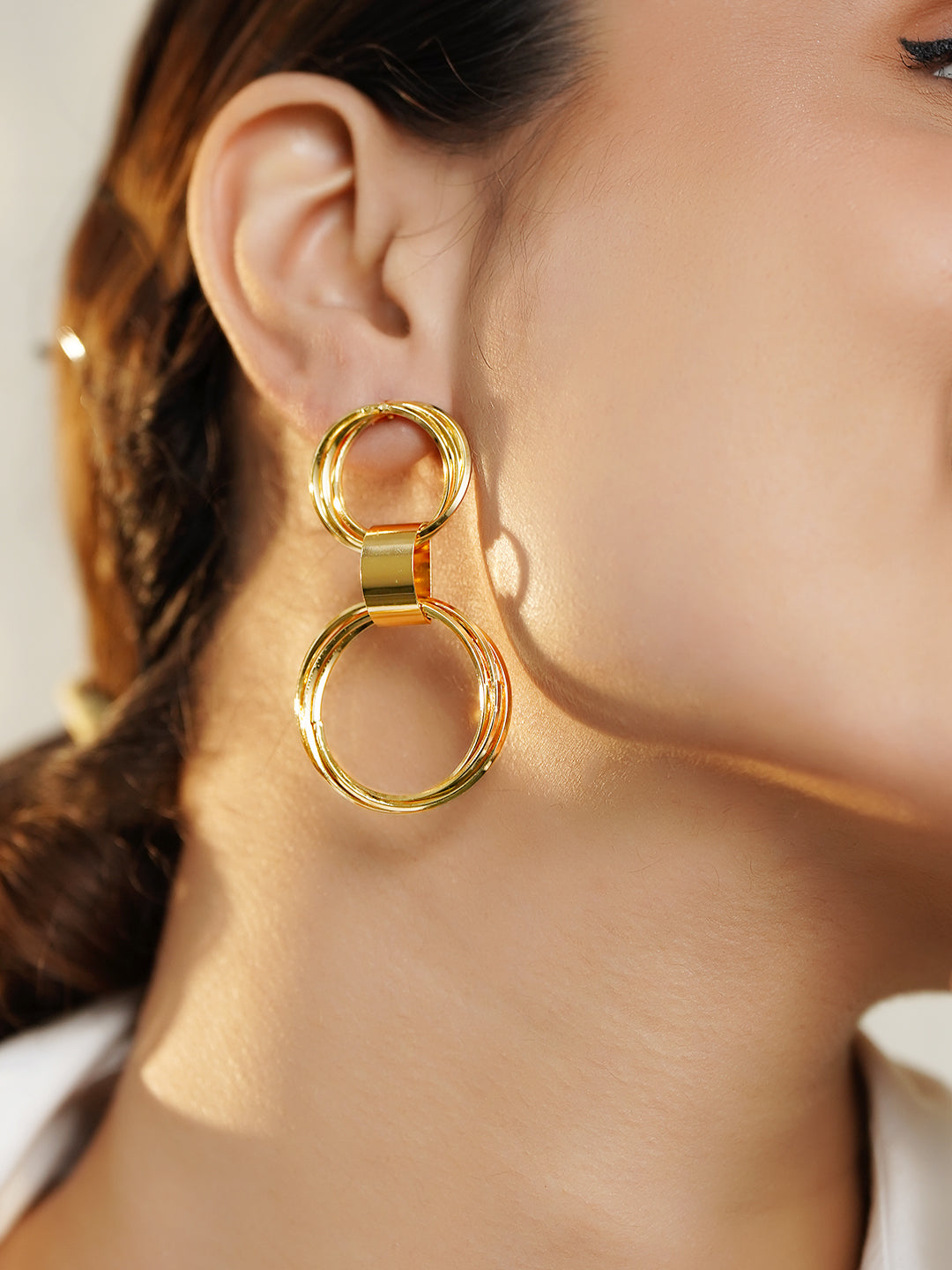 Rubans Voguish 18K Gold-Plated Brass Dual Interlinked Hoop Drop Earrings