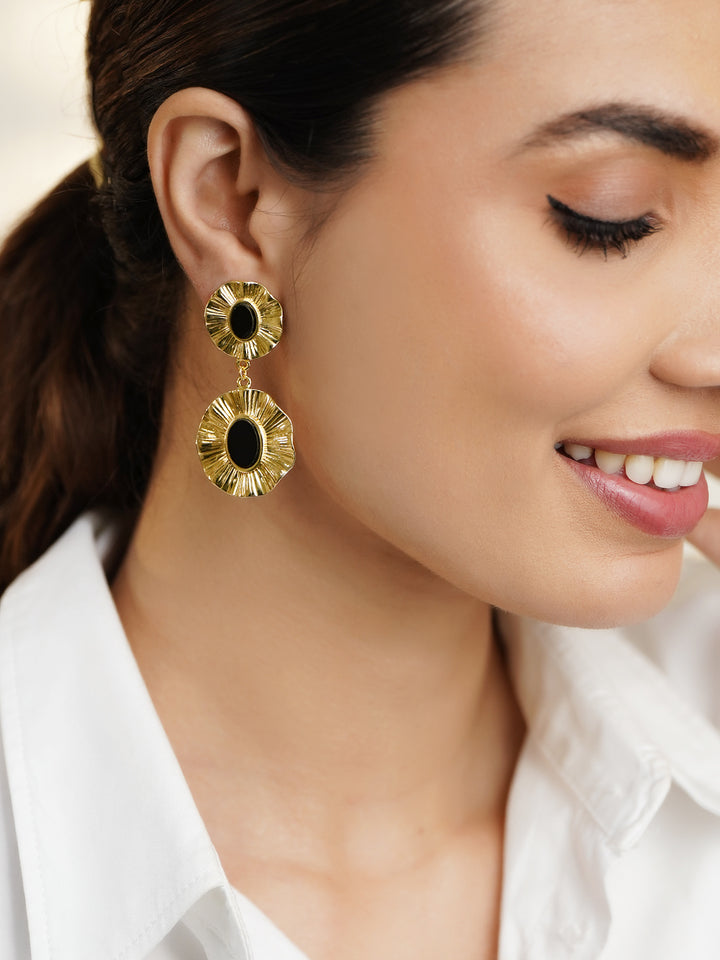 Rubans Voguish 18K Gold-Plated Brass Black Stone Sculptural Textured Drop Earrings