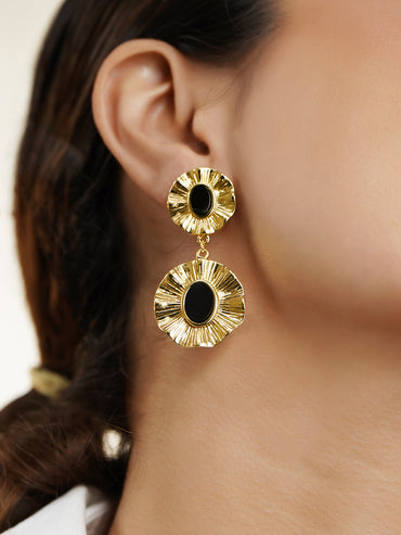 Rubans Voguish 18K Gold-Plated Brass Black Stone Sculptural Textured Drop Earrings