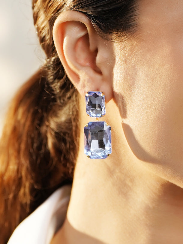 Gold Toned Purple Crystal Drop Earrings