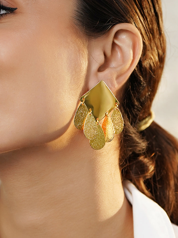 Rubans Voguish 18K Gold-Plated Brass Geometric Textured Drop Statement Earrings