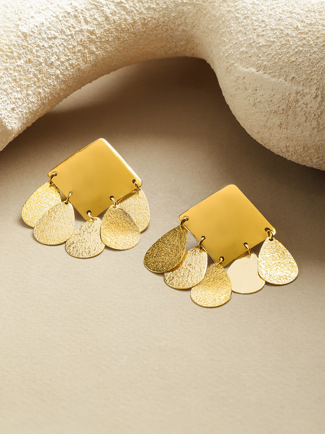 Rubans Voguish 18K Gold-Plated Brass Geometric Textured Drop Statement Earrings