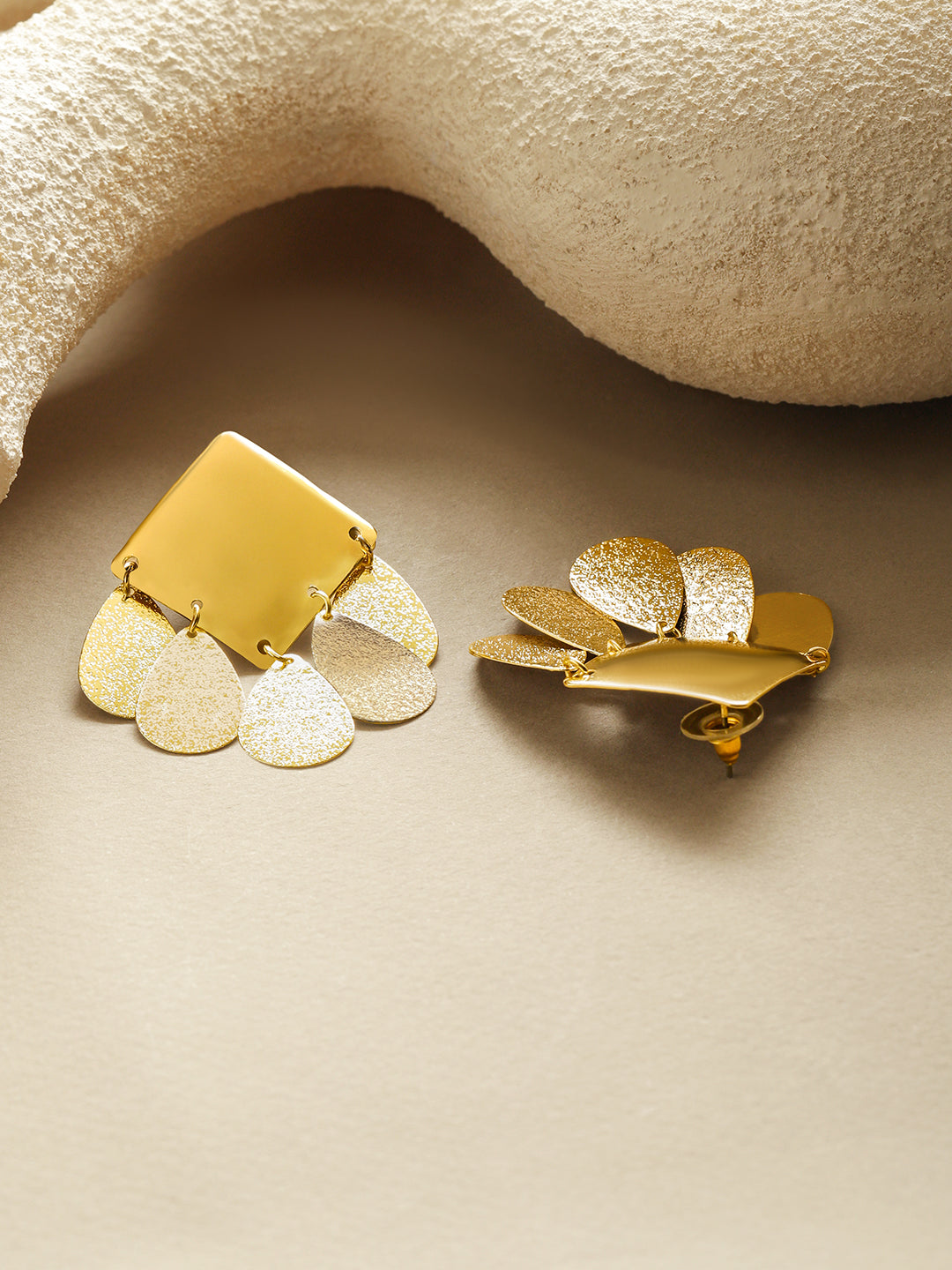 Rubans Voguish 18K Gold-Plated Brass Geometric Textured Drop Statement Earrings