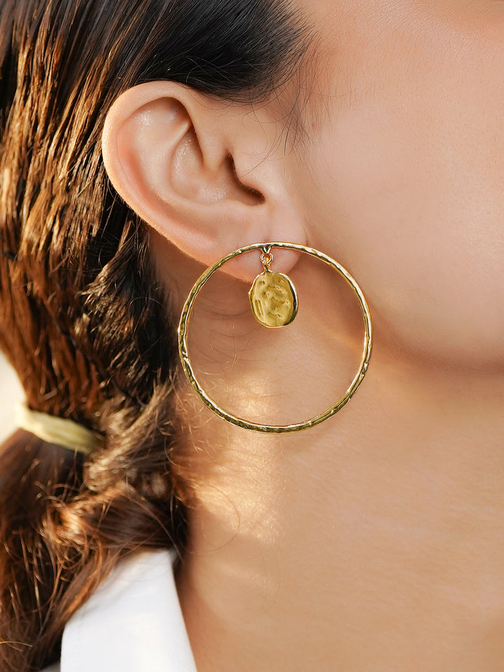 Rubans 18K Gold-Plated Brass Oversized Smooth Hoop with Drop Charm Earrings