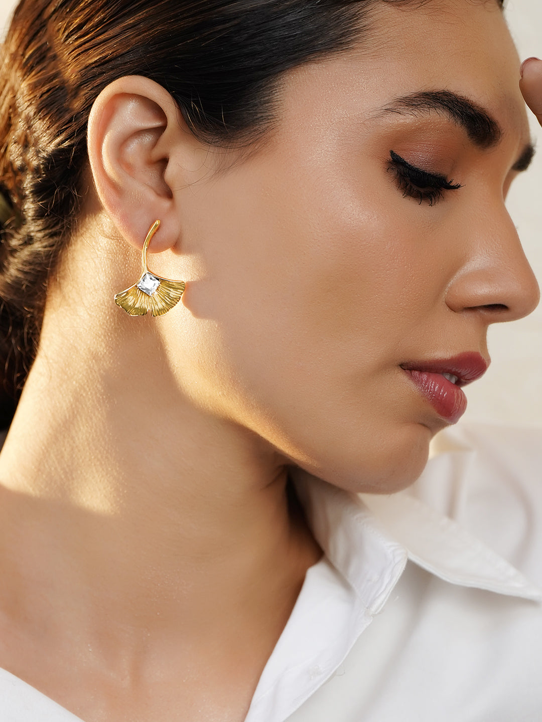 Rubans Voguish 18K Gold-Plated Stainless Steel Tarnish-Free Petal AD Drop Earrings