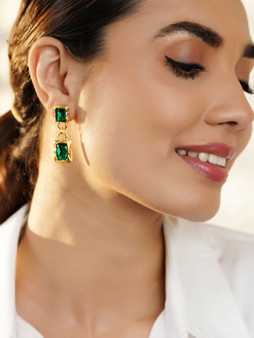 Rubans Voguish 18K Gold-Plated Brass Emerald Green AD Textured Rectangle Drop Earrings