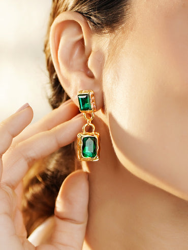 Rubans Voguish 18K Gold-Plated Brass Emerald Green AD Textured Rectangle Drop Earrings