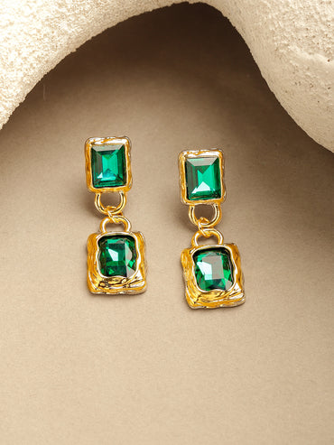 Rubans Voguish 18K Gold-Plated Brass Emerald Green AD Textured Rectangle Drop Earrings