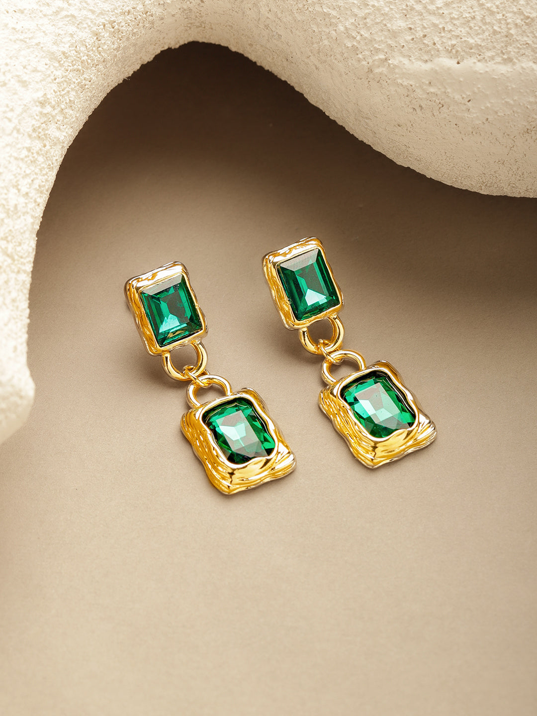 Rubans Voguish 18K Gold-Plated Brass Emerald Green AD Textured Rectangle Drop Earrings